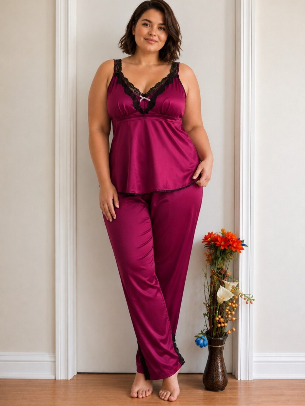 Addition Elle Burgundy Satin Lace Trim Pajama Set Plus